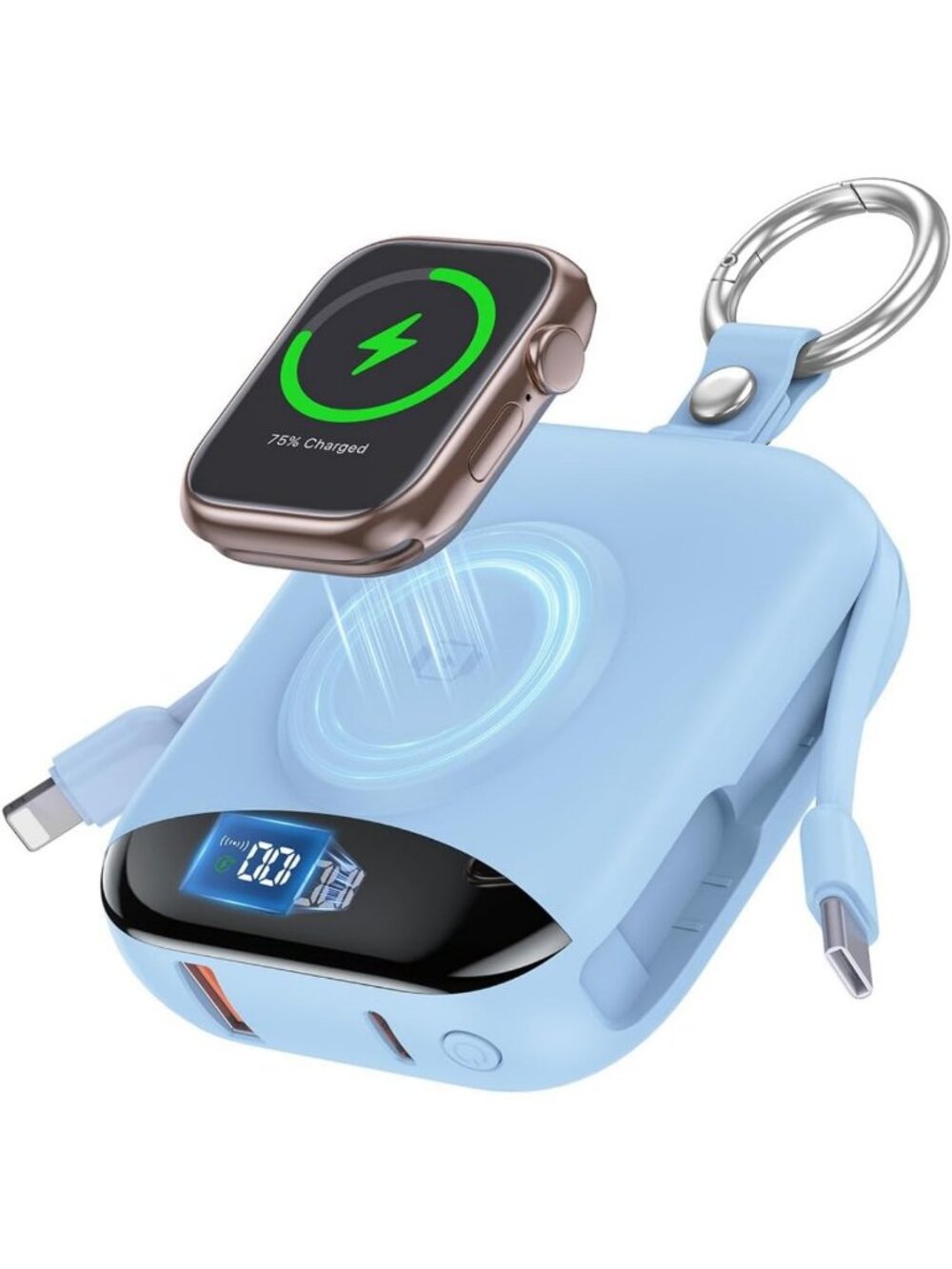 10000mAh Portable Charger with Built-in Cables & Apple Watch Charging - Blue